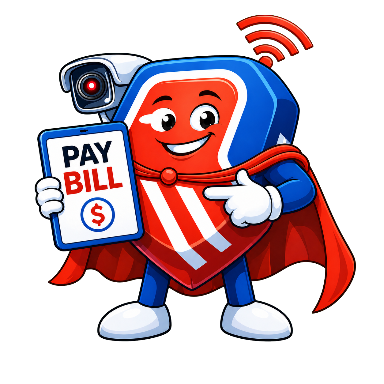 Millennium security mascot holding a Pay Bill tablet
